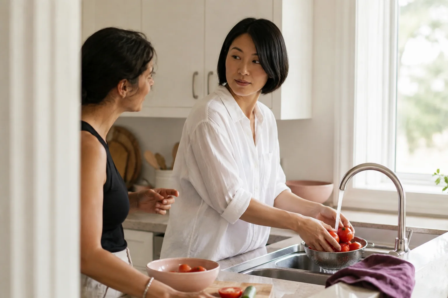 A woman preparing lunch with a female friend in a small sunlit kitchen.