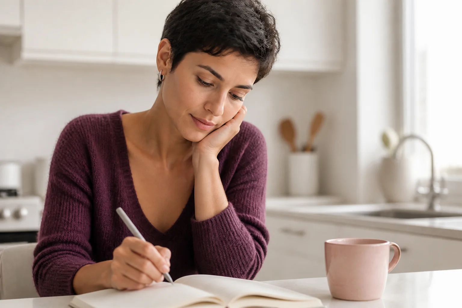 A woman writing in an open notebook at a bright kitchen counter.
