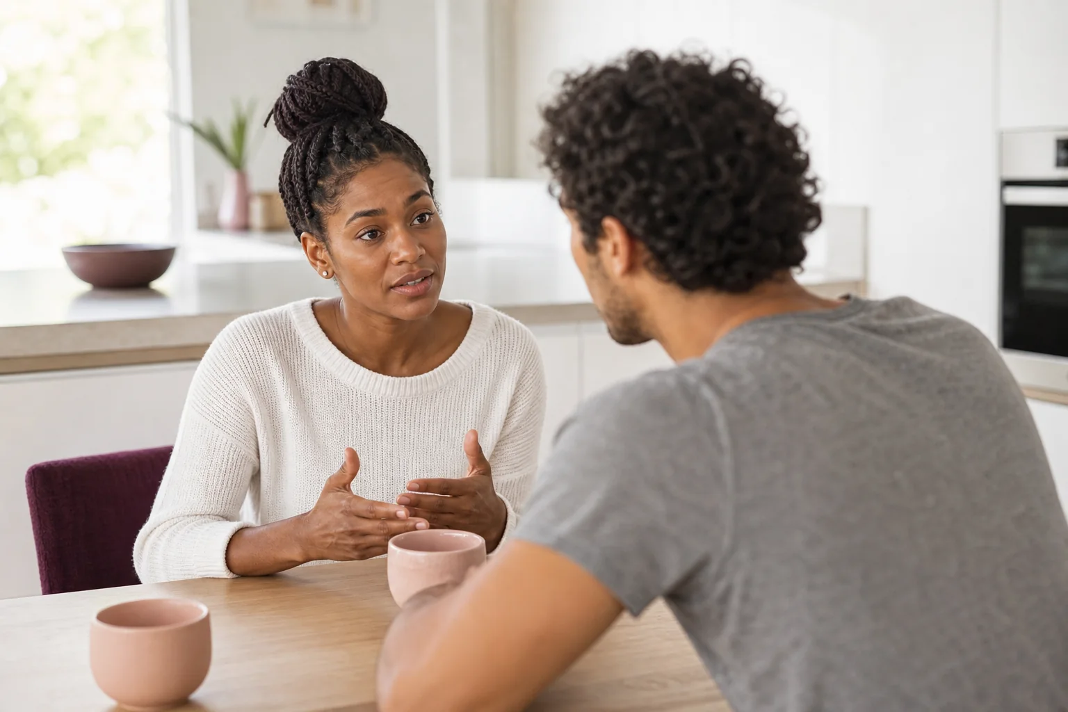 A woman gestures while talking with her partner at a small kitchen table.