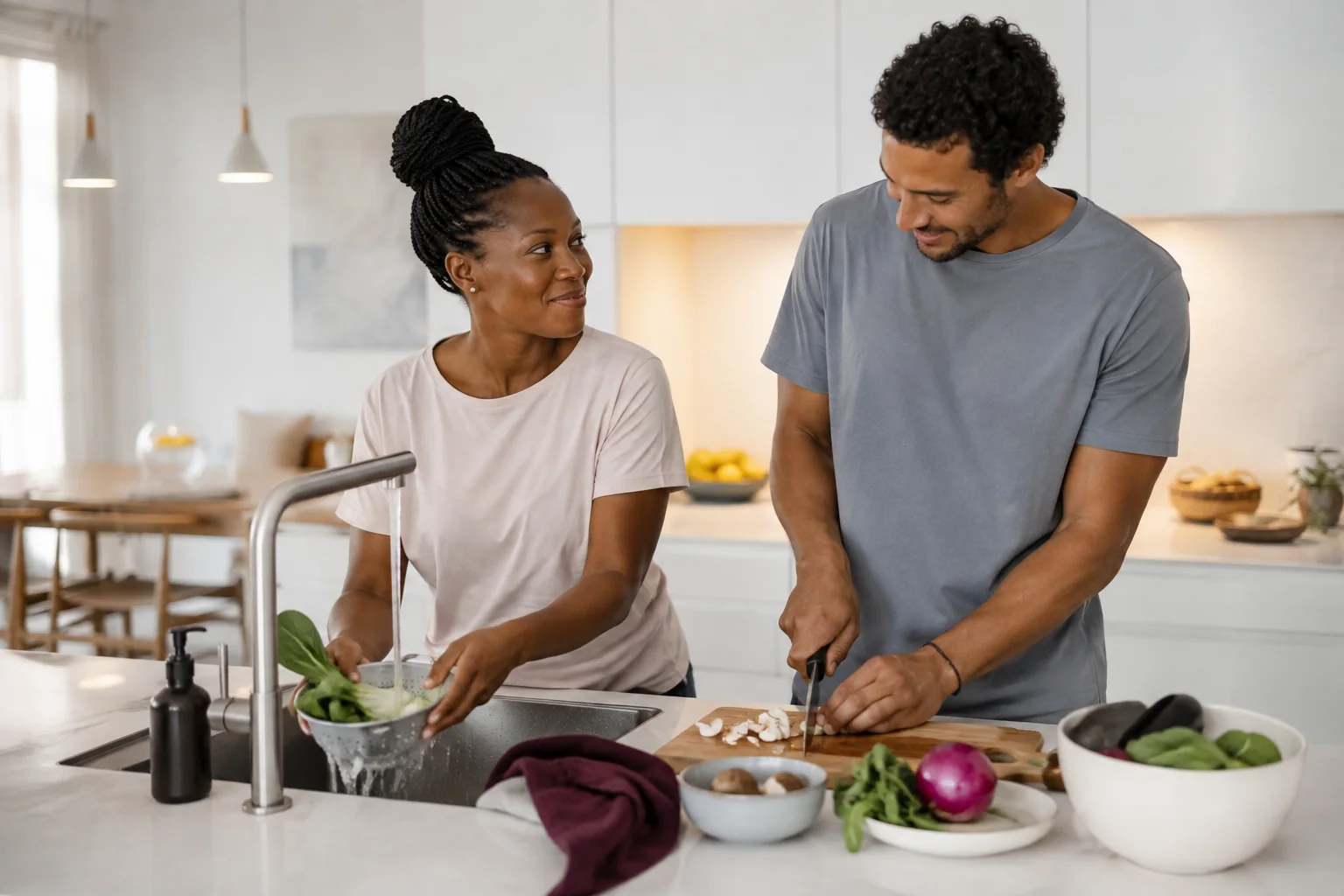 A woman rinses vegetables while her partner chops ingredients beside her.