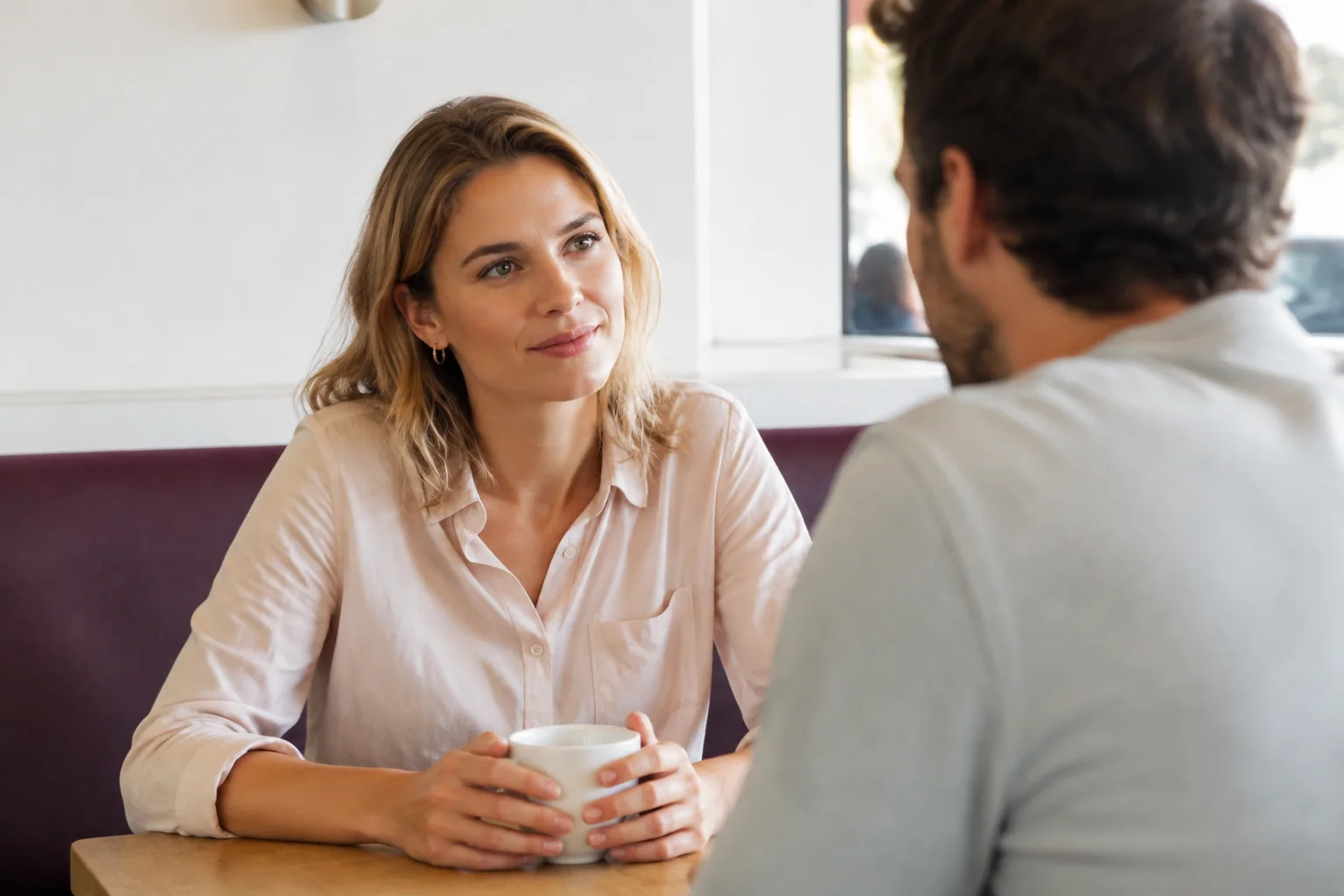 A woman in a pale blush shirt talks with a date across a small cafe table.