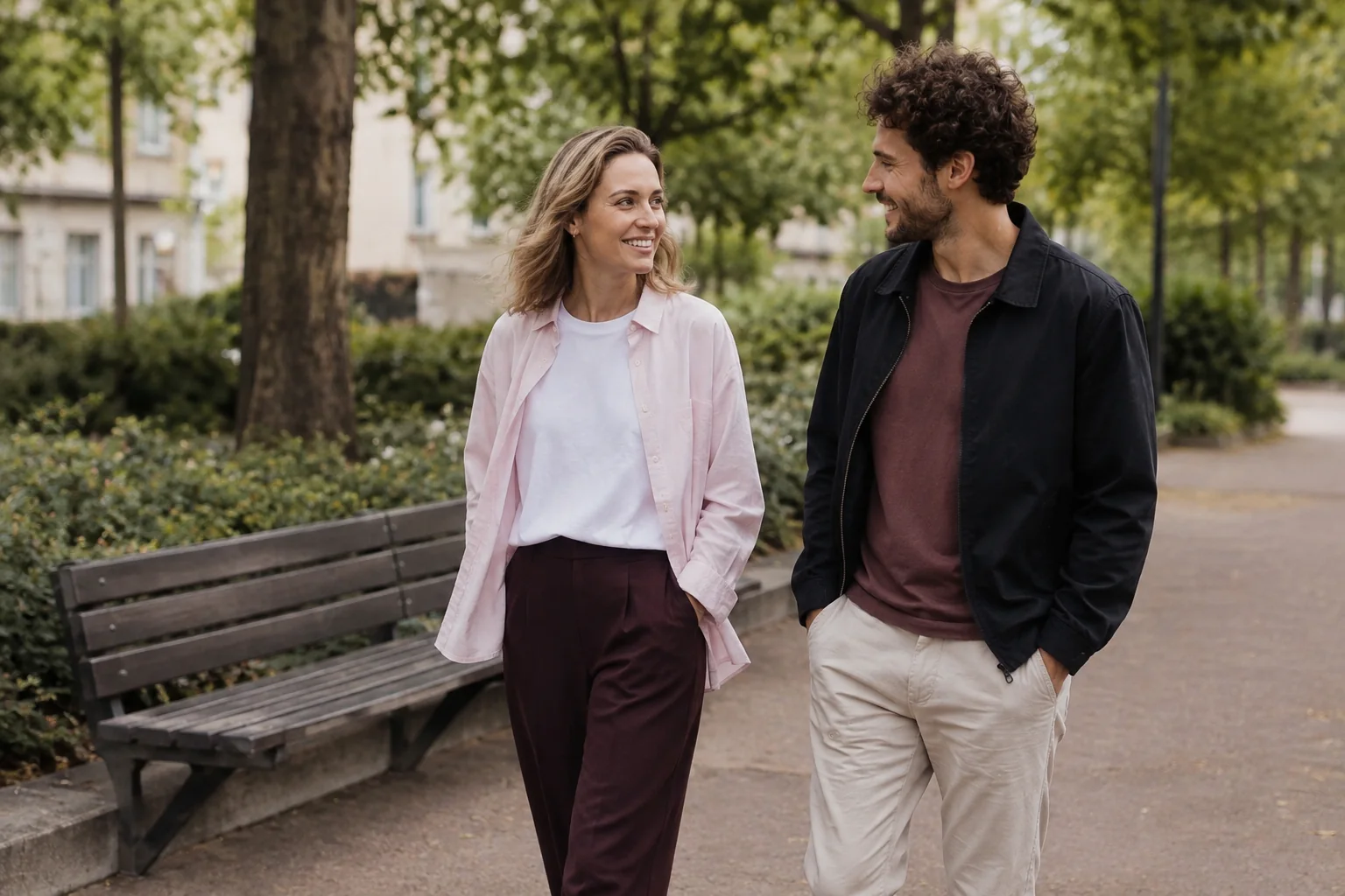 A woman and her date pause beside a park bench during a relaxed walk.