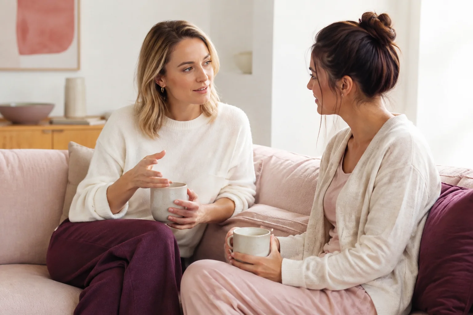 A woman sits with a friend on a sofa, talking quietly over mugs of tea.
