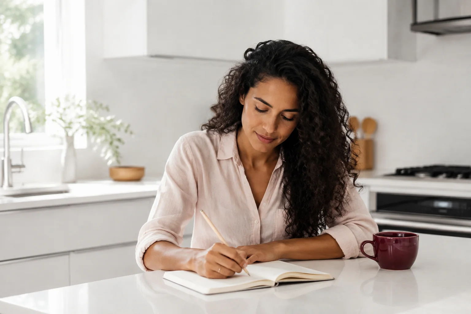 A woman sits at a kitchen counter with an open notebook and a pencil in her hand.