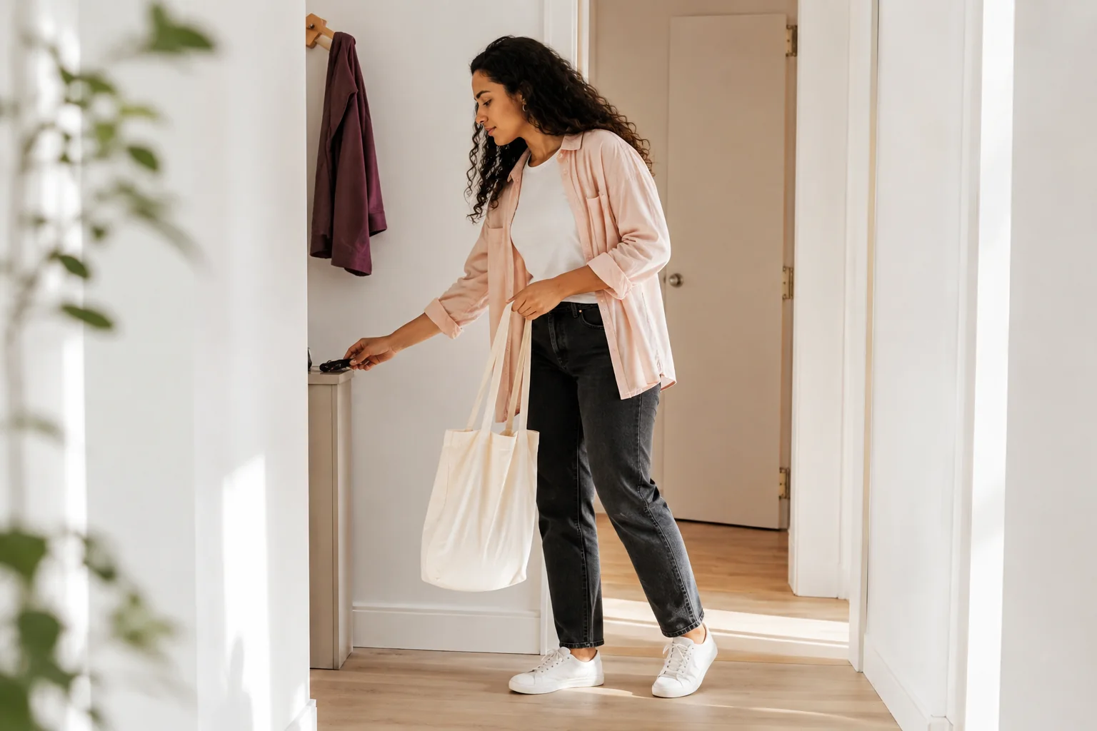 A woman in trainers picks up a canvas bag beside her front door.