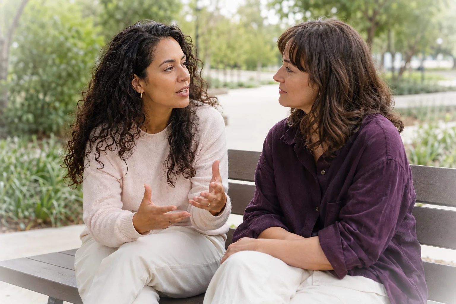 A woman and a friend sit together on a park bench, talking in soft daylight.