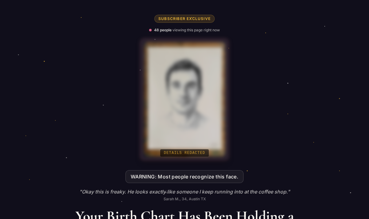 Opening of the Astro Lover page with a blurred portrait and seller testimonial