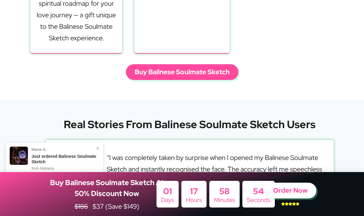 Balinese Soulmate Sketch testimonial section and promotional order strip