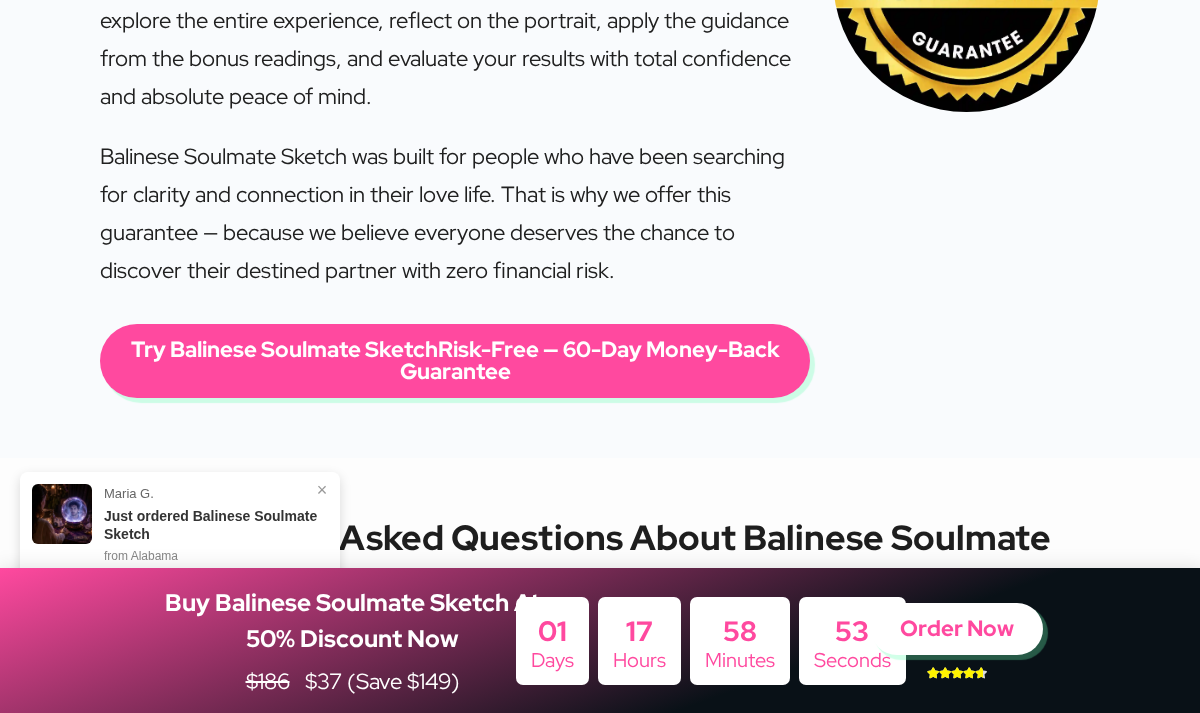 End of Balinese Soulmate Sketch guarantee wording and beginning of FAQ heading