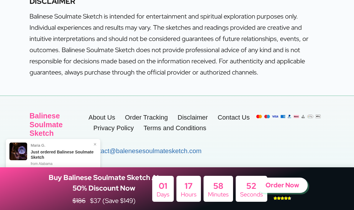 Balinese Soulmate Sketch entertainment disclaimer, footer and promotional order strip