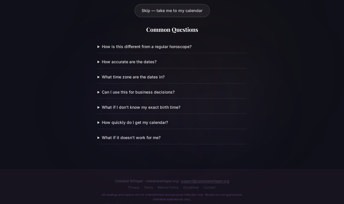 Celestial Whisper collapsed FAQ questions about dates, delivery and satisfaction