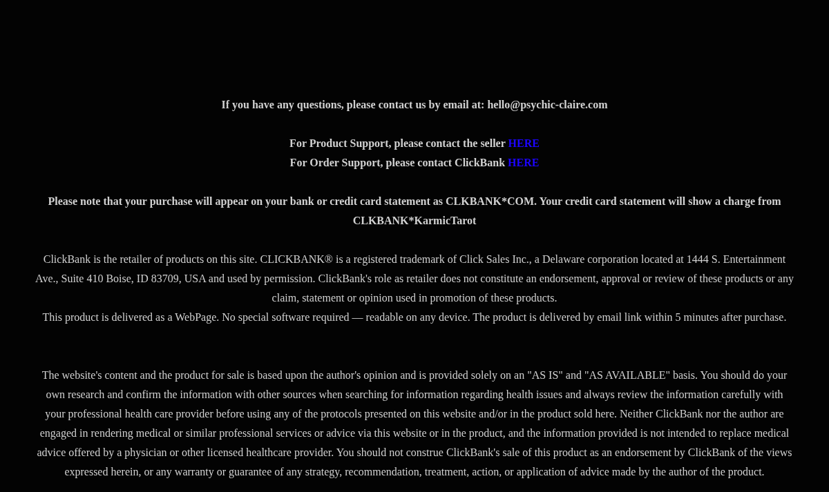 Claire's Tarot Reading billing, digital-delivery and disclaimer text