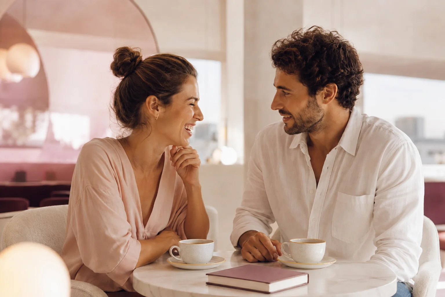 A couple sharing an animated first conversation in a bright cafe