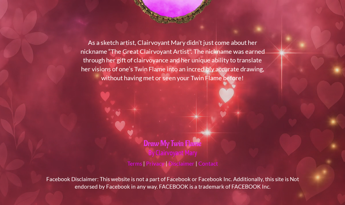 DrawMyTwinFlame footer links and Facebook disclaimer
