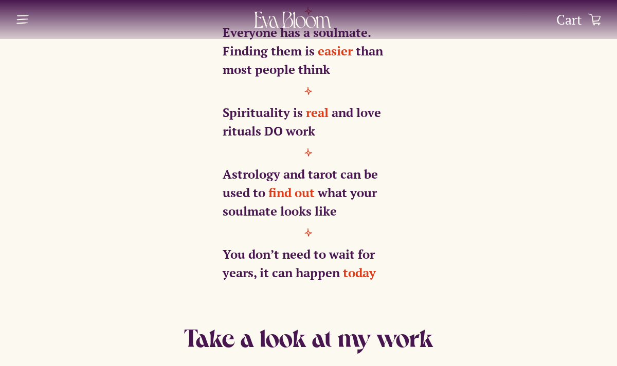 Eva Bloom promotional statements about soulmates, rituals, astrology and tarot