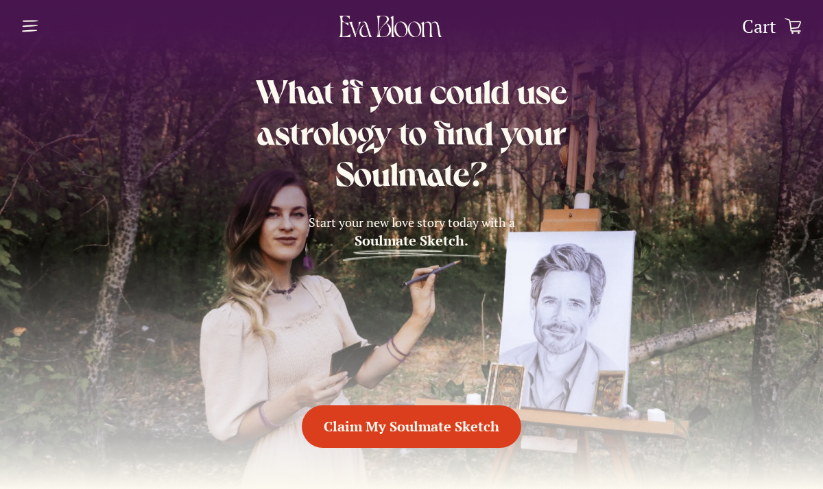 Eva Bloom soulmate sketch offer page showing the astrology headline and claim my sketch button