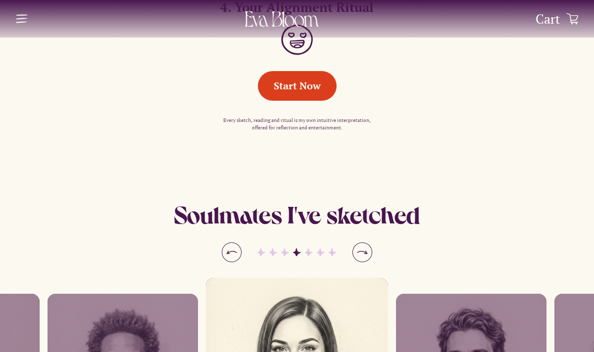 Eva Bloom Start Now button, reflection and entertainment wording, and sketch gallery