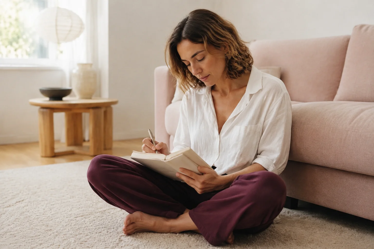 A woman sits cross-legged on a pale rug, writing in a notebook beside a low sofa.