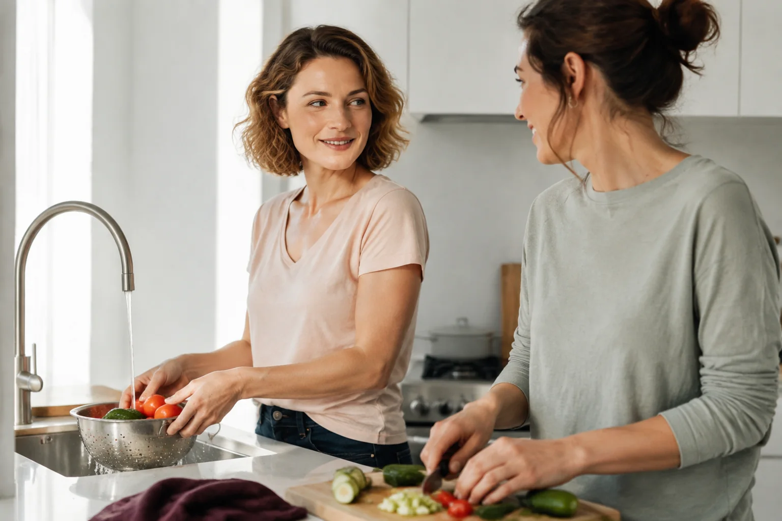 Two women prepare vegetables together at a bright kitchen counter.