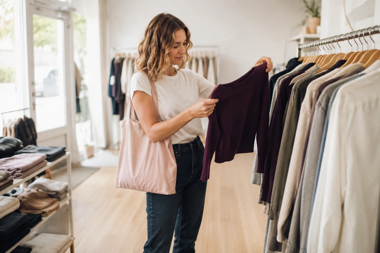 A woman browses a rail of second-hand clothes in a bright neighbourhood shop.