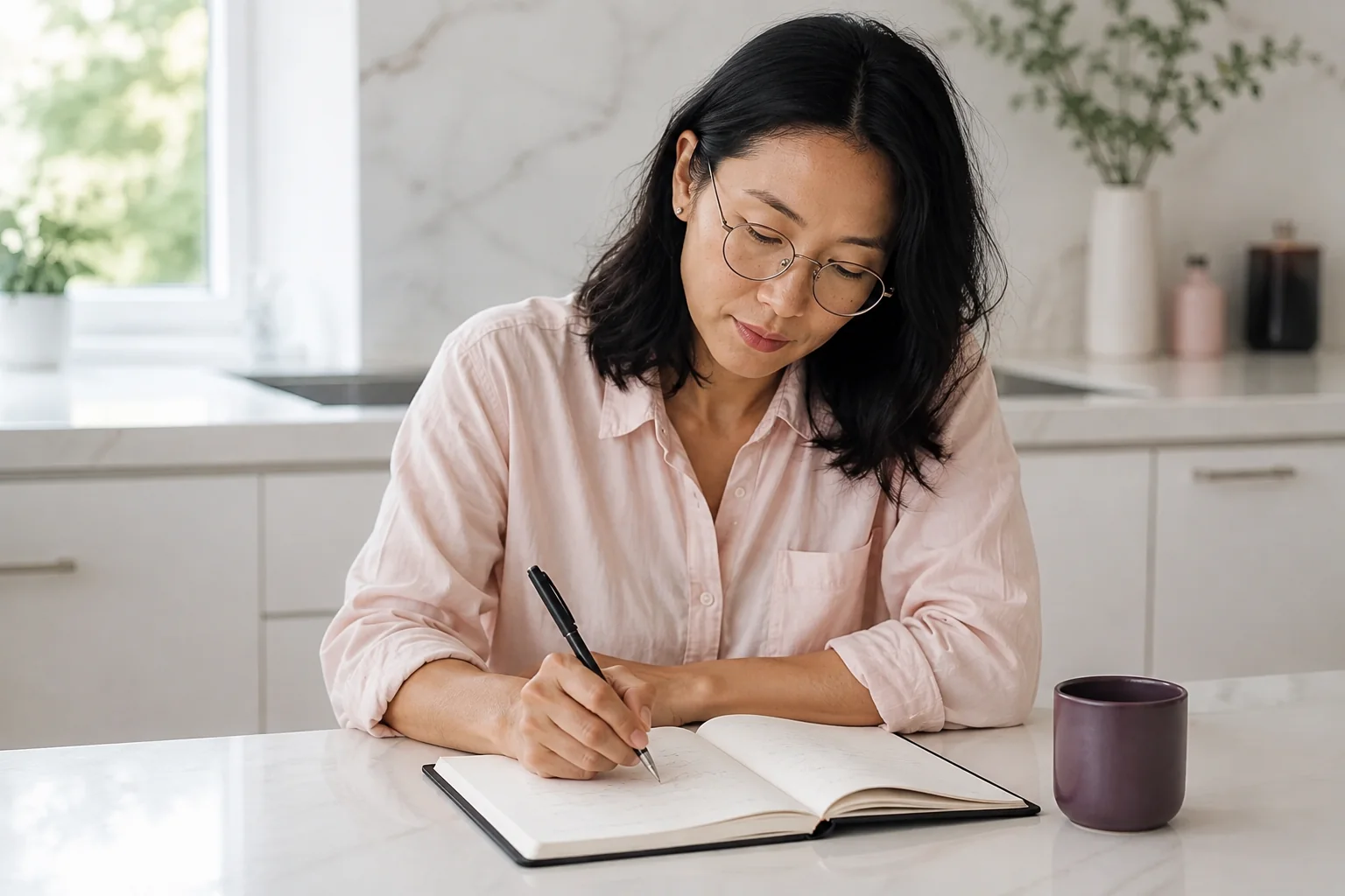 A woman writes in an open notebook at a bright kitchen counter.