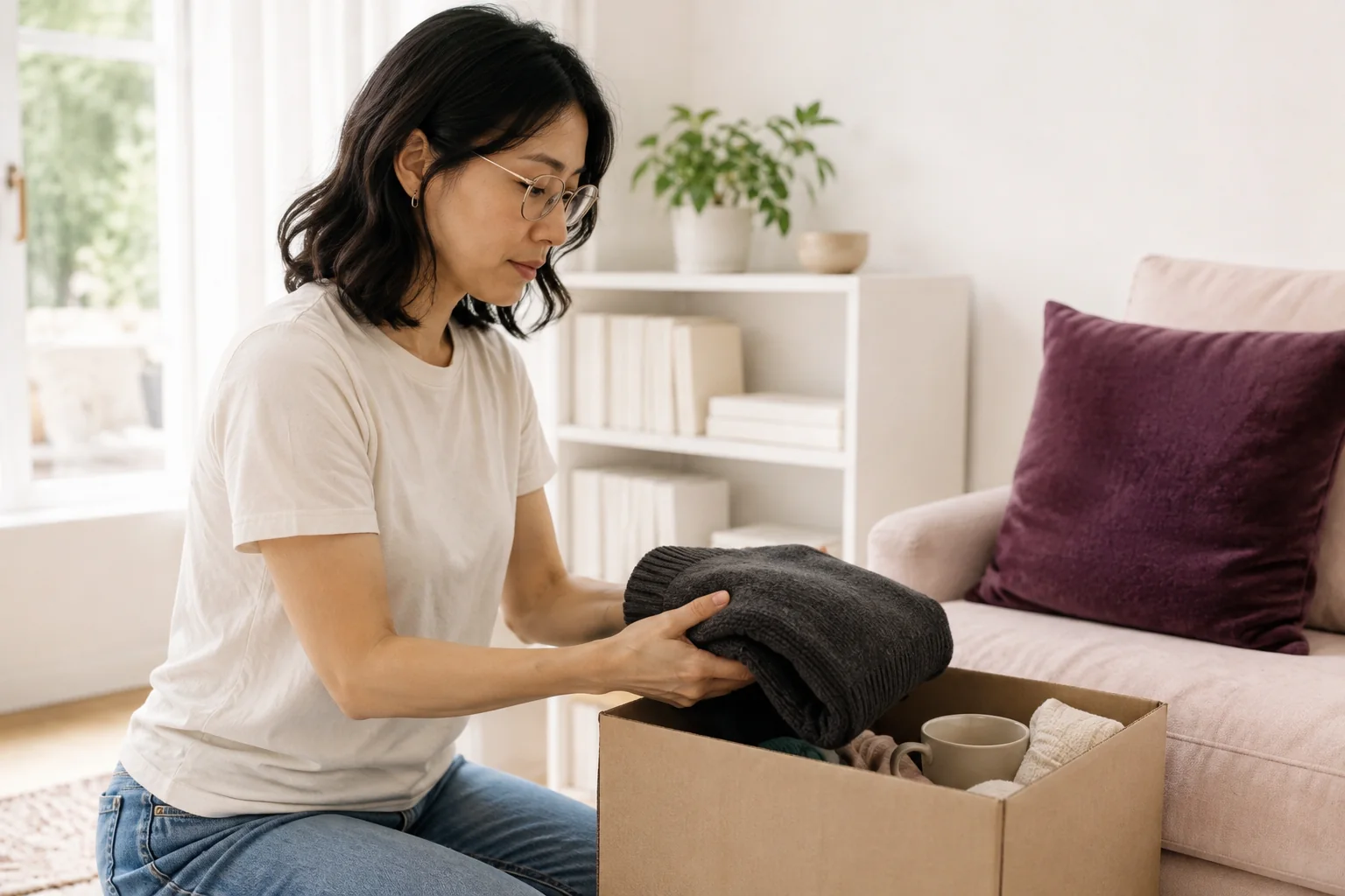 A woman packs a folded jumper into a cardboard box beside a bookshelf.