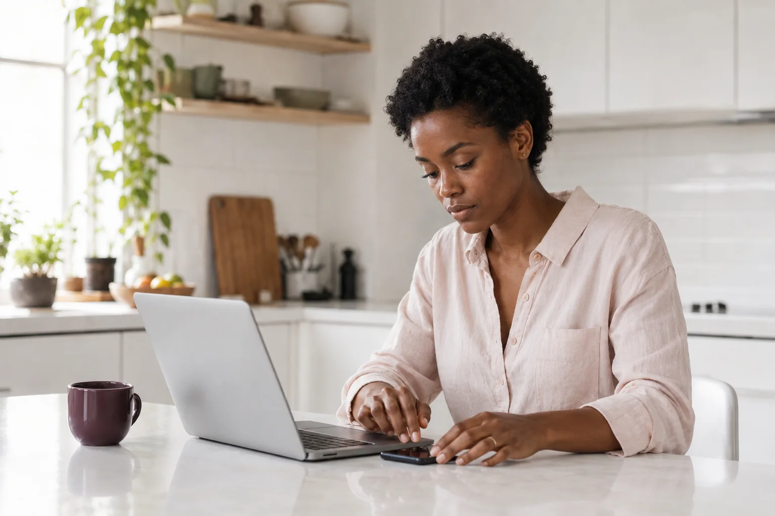 A woman using her phone beside an open laptop at a small kitchen counter.