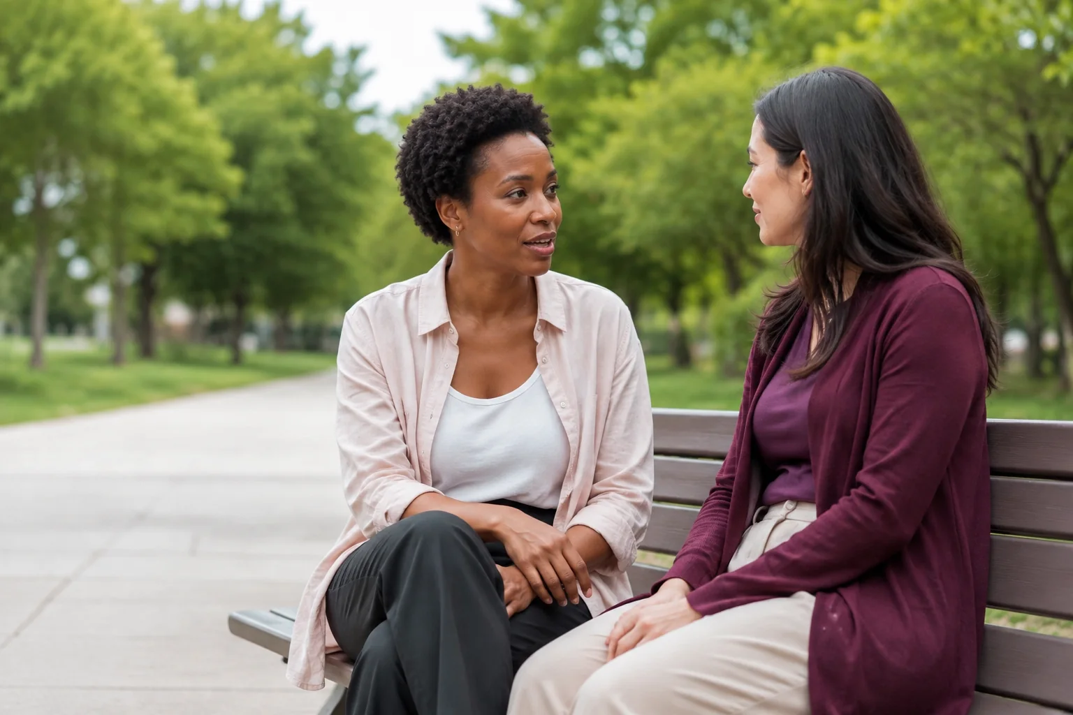 A woman sitting with a friend on a park bench during a quiet conversation.