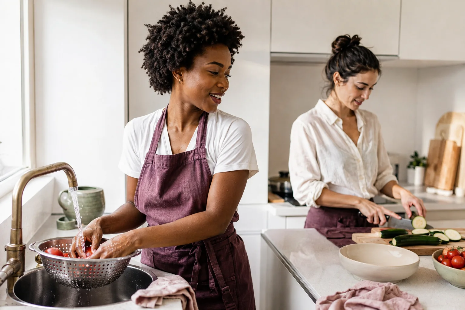 A woman and a friend preparing vegetables together in a bright kitchen.
