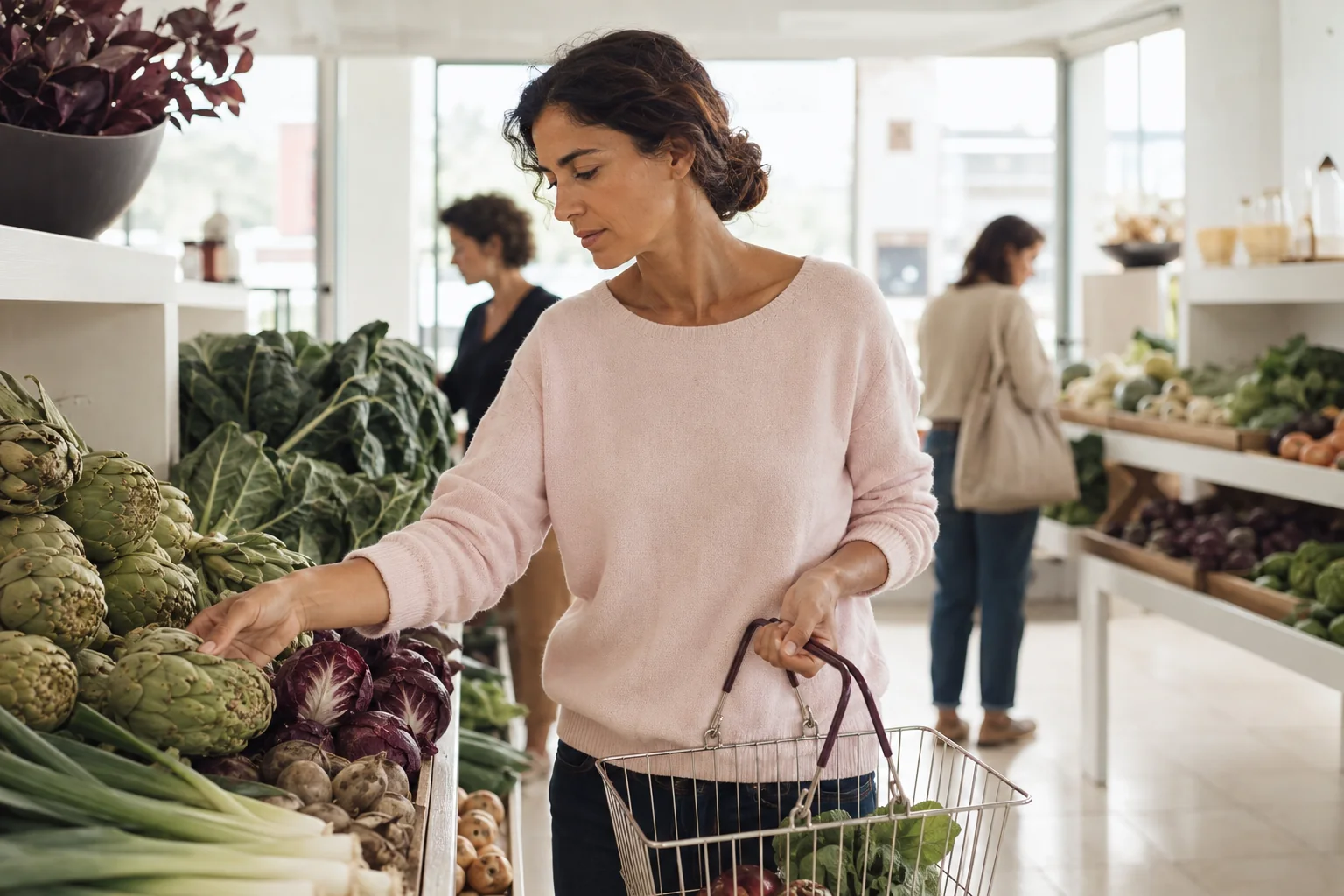A woman in a pale blush jumper choosing vegetables in a neighbourhood food shop.