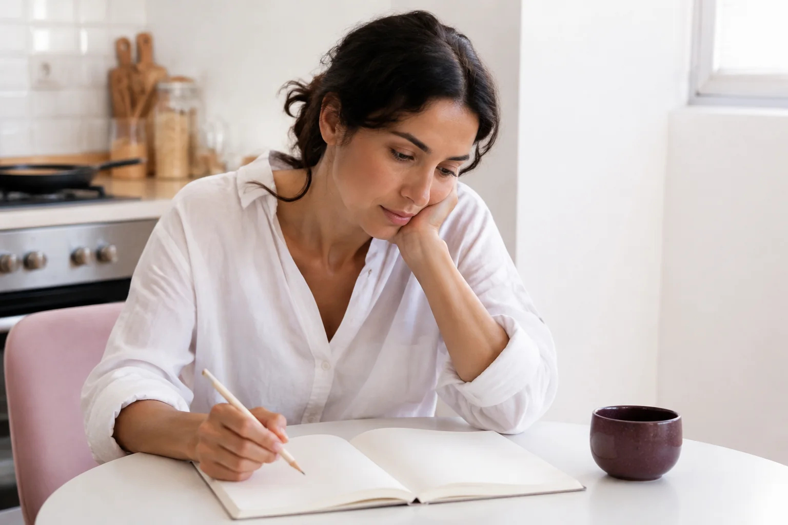A woman sitting at a white kitchen table with an open notebook and a pencil.