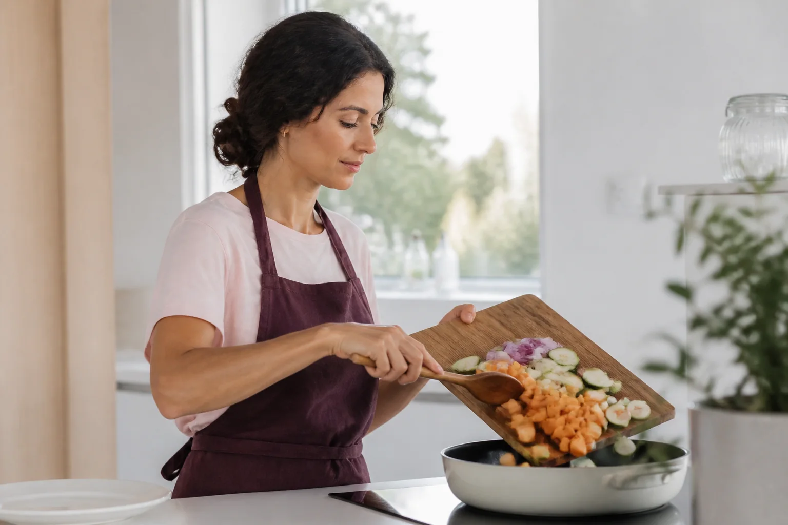 A woman preparing a meal in a bright kitchen with vegetables on a chopping board.