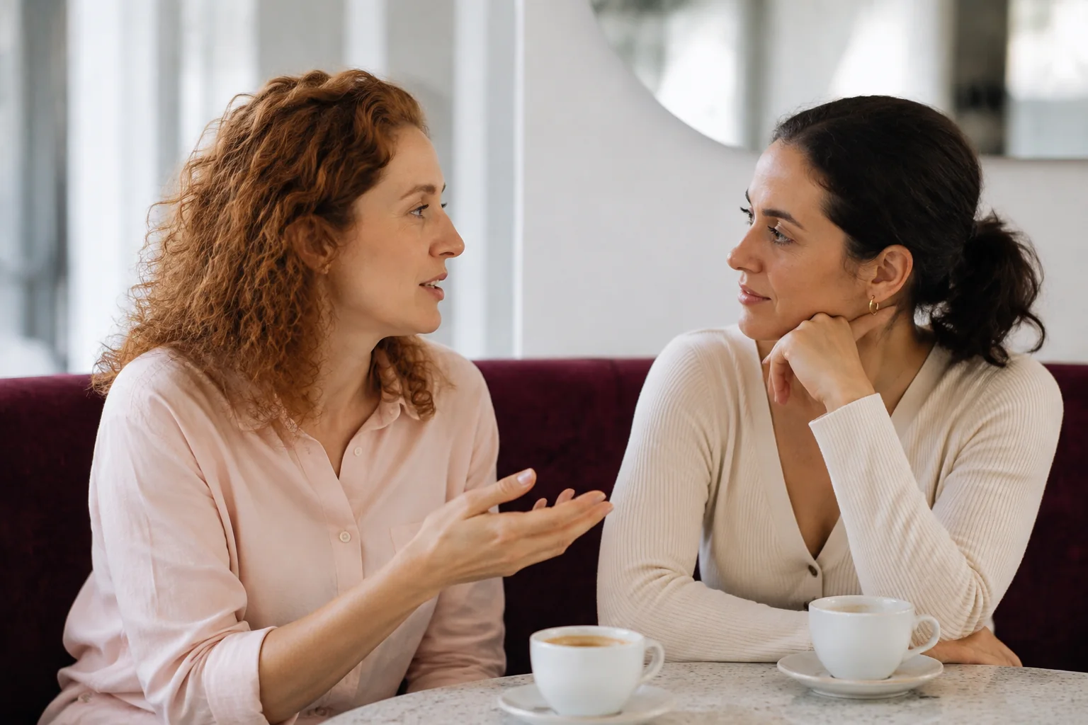 Two women talking over coffee at a small cafe table.