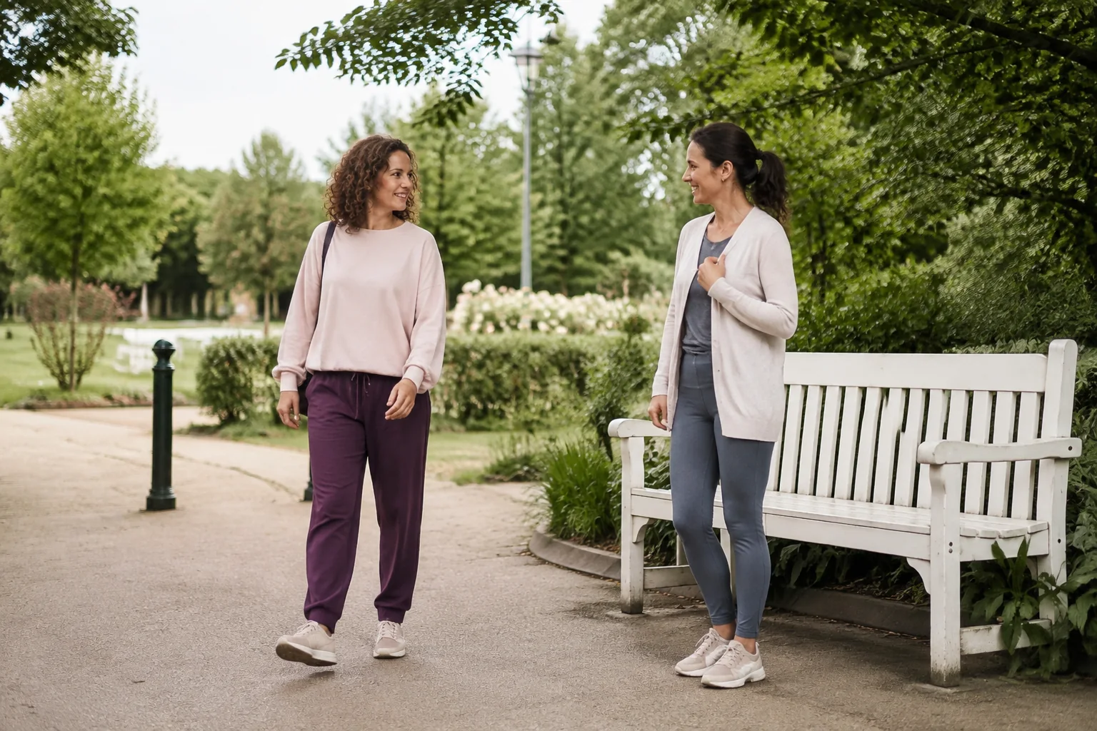 A woman greeting a friend at the entrance to a neighbourhood park.
