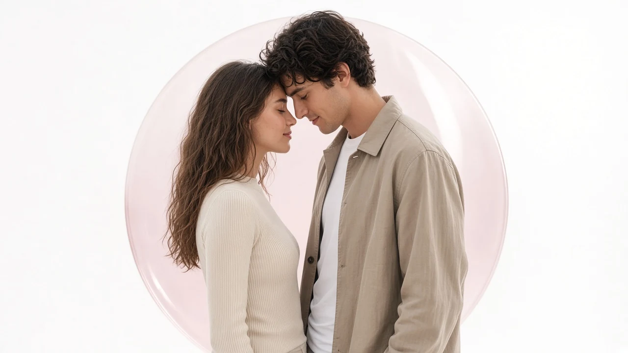A couple sharing a warm moment beside a blush-coloured mirror