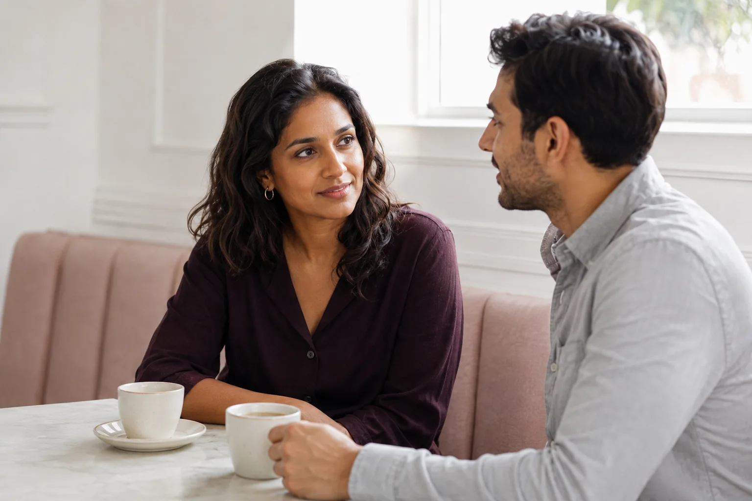 A woman in a plum top talks with a man across a small cafe table.