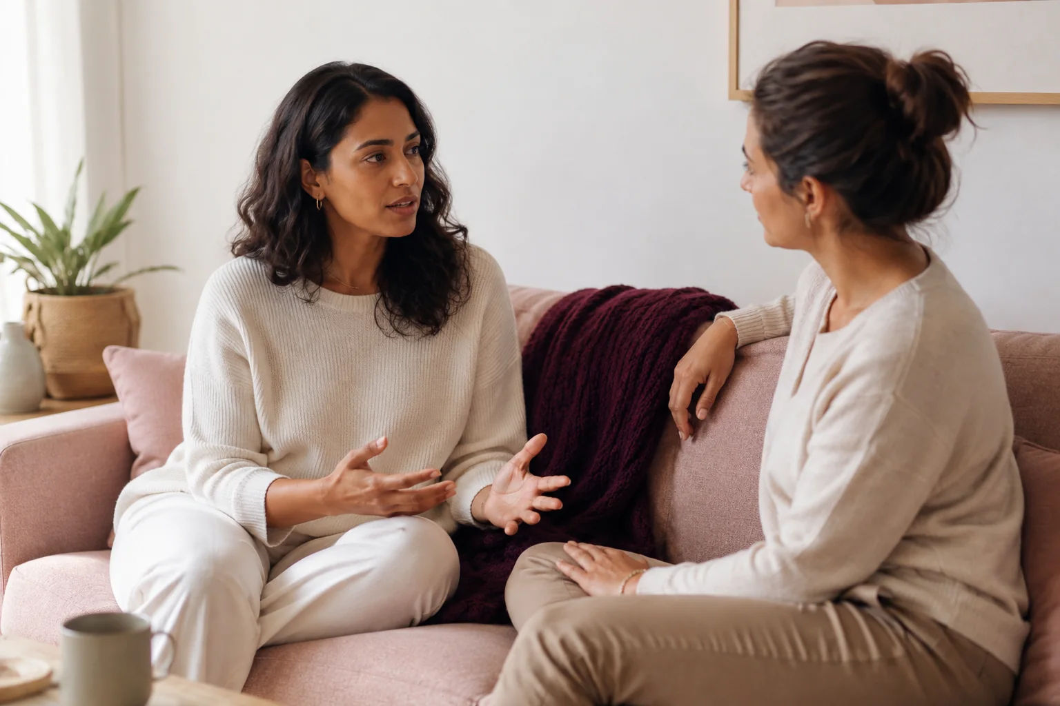 A woman sits on a pale sofa talking with a friend who listens beside her.