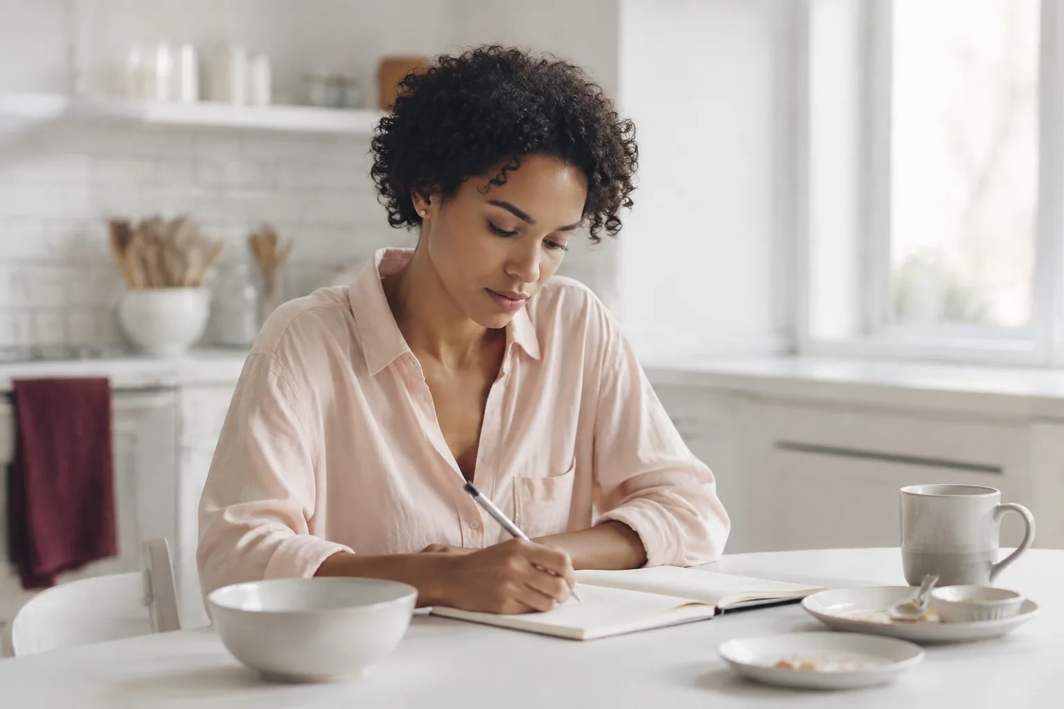 A woman writes in an open notebook at a kitchen table beside used breakfast dishes.