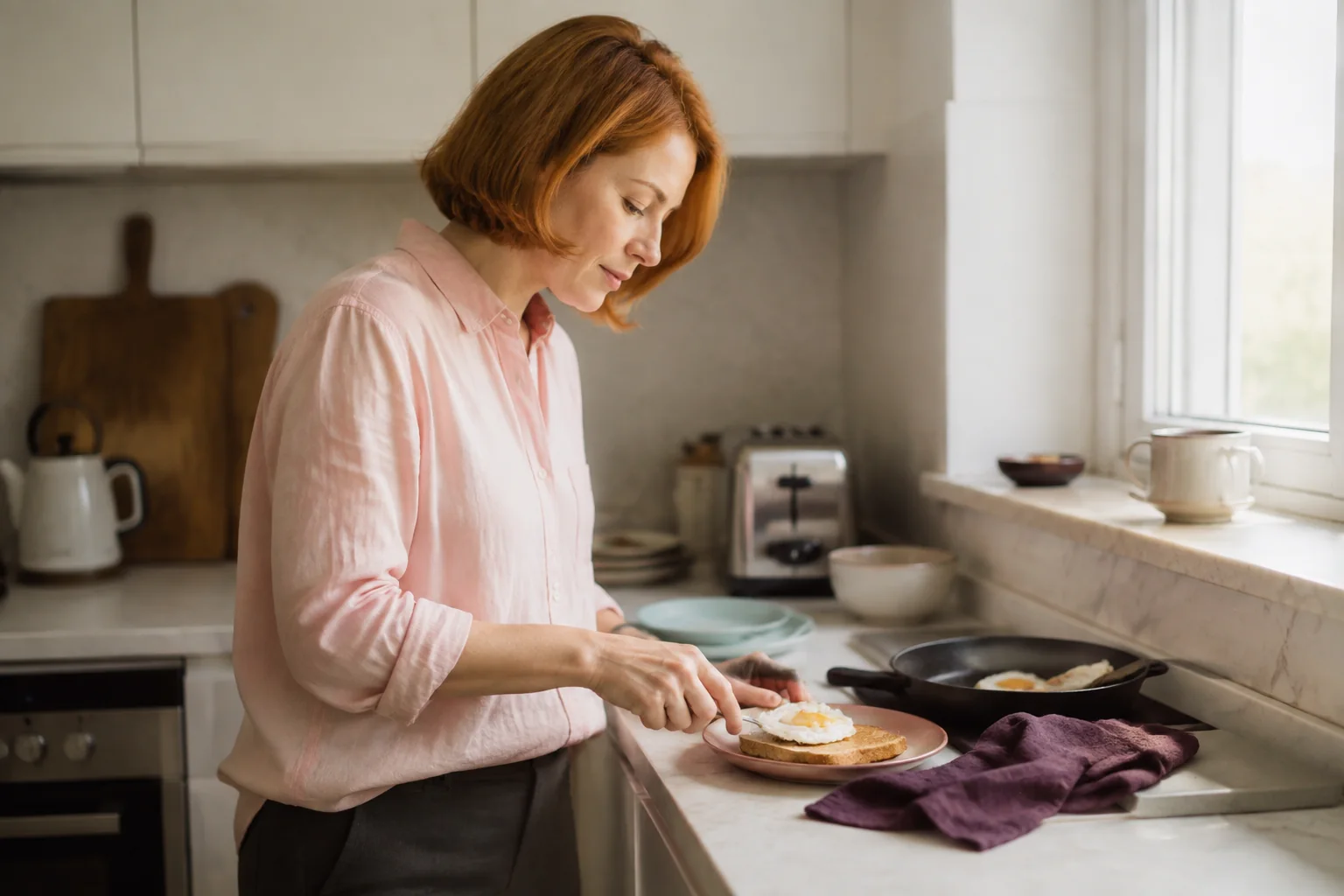 A woman preparing toast and eggs in a bright, compact kitchen.