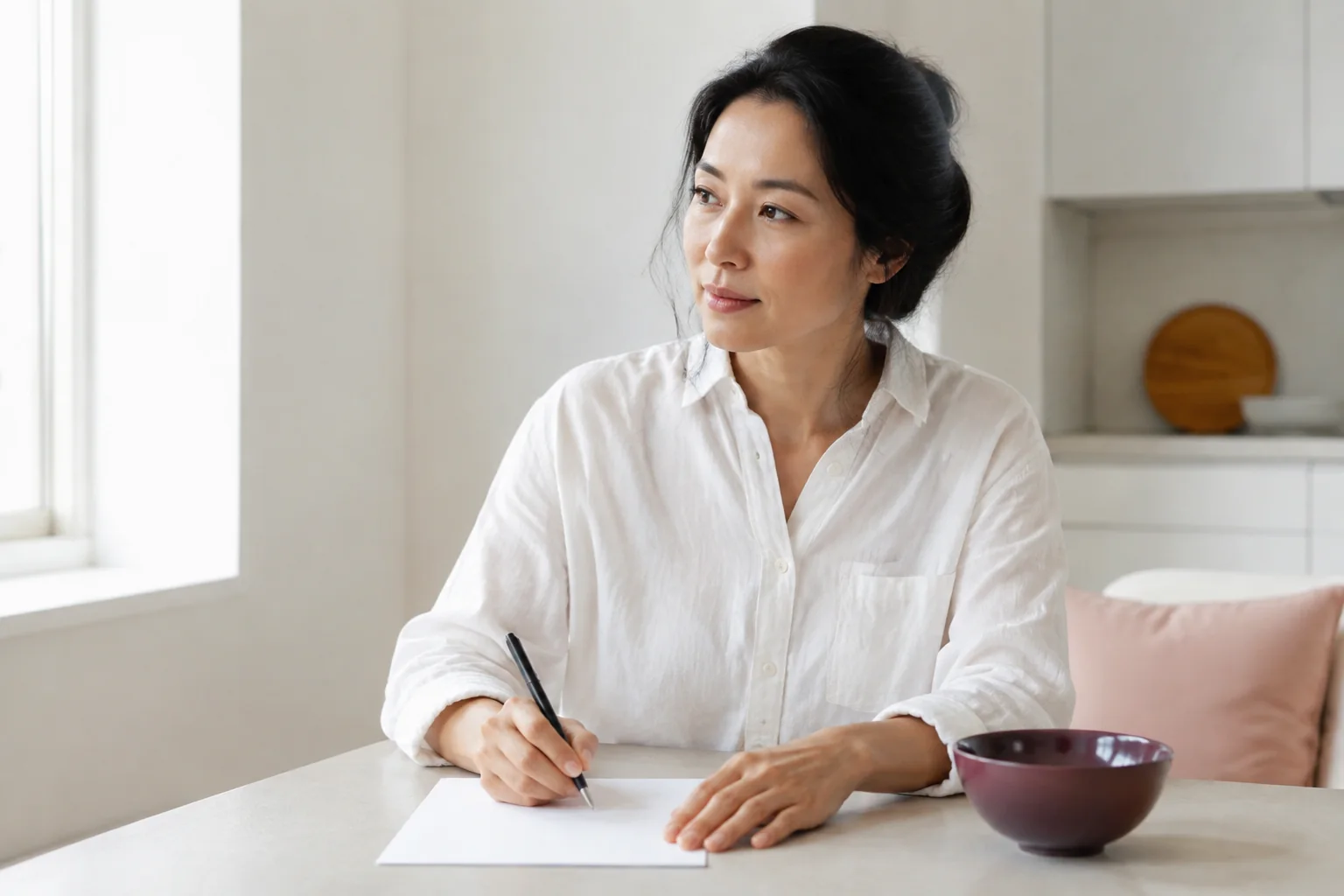 A woman sitting at a kitchen table begins writing on a loose sheet of paper.