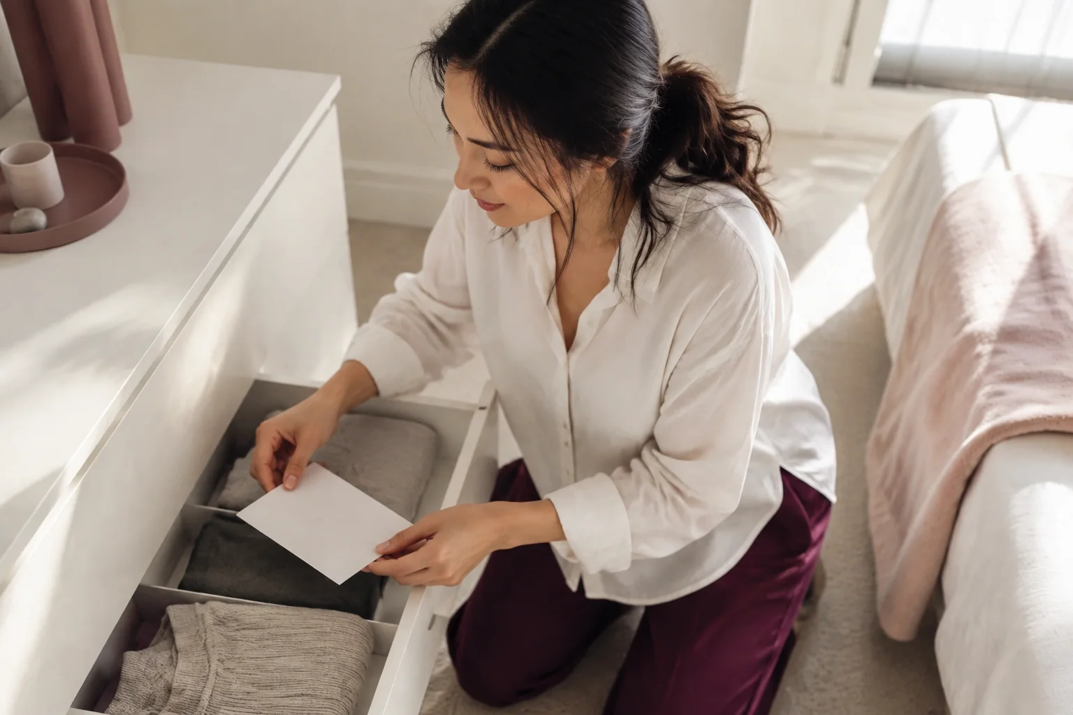 A woman places a plain envelope inside a drawer beside folded clothes.