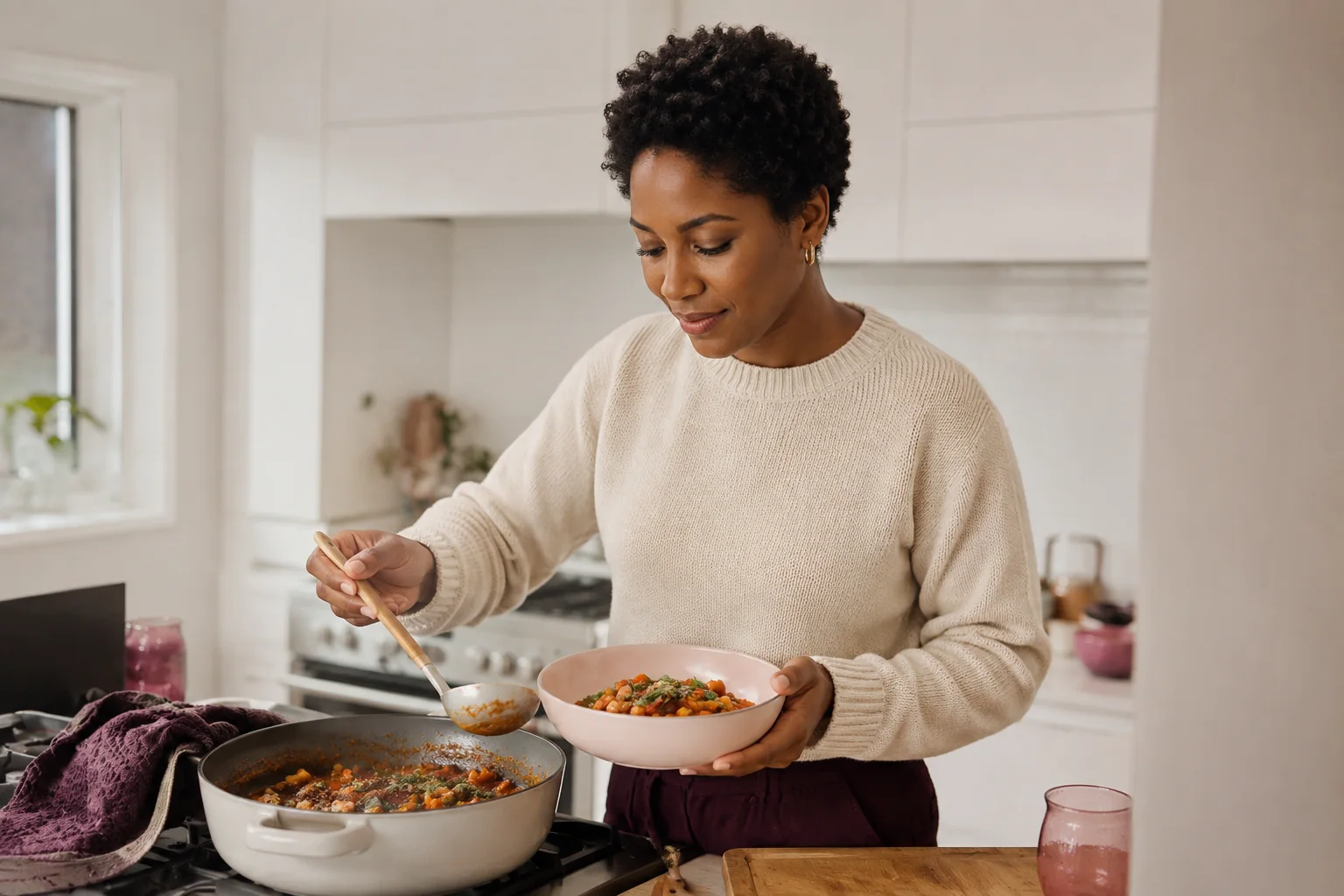 A woman in a cream jumper serving a simple dinner in a small bright kitchen.