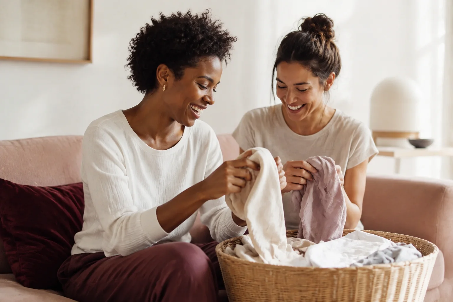 Two women sharing a laugh while folding clean laundry on a sofa.