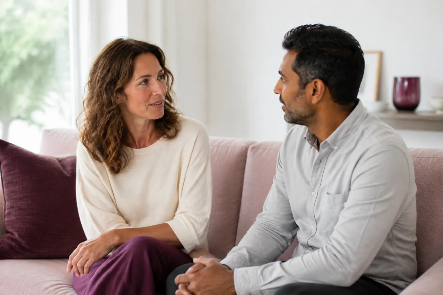 A woman and her partner sitting together on a pale sofa, turned towards each other.