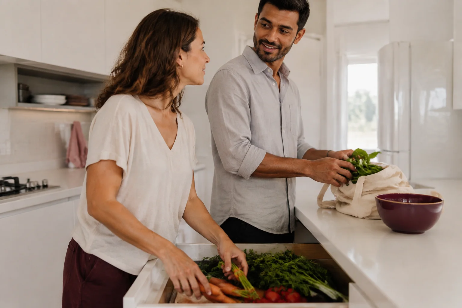 A woman and her partner putting away groceries together in a bright kitchen.