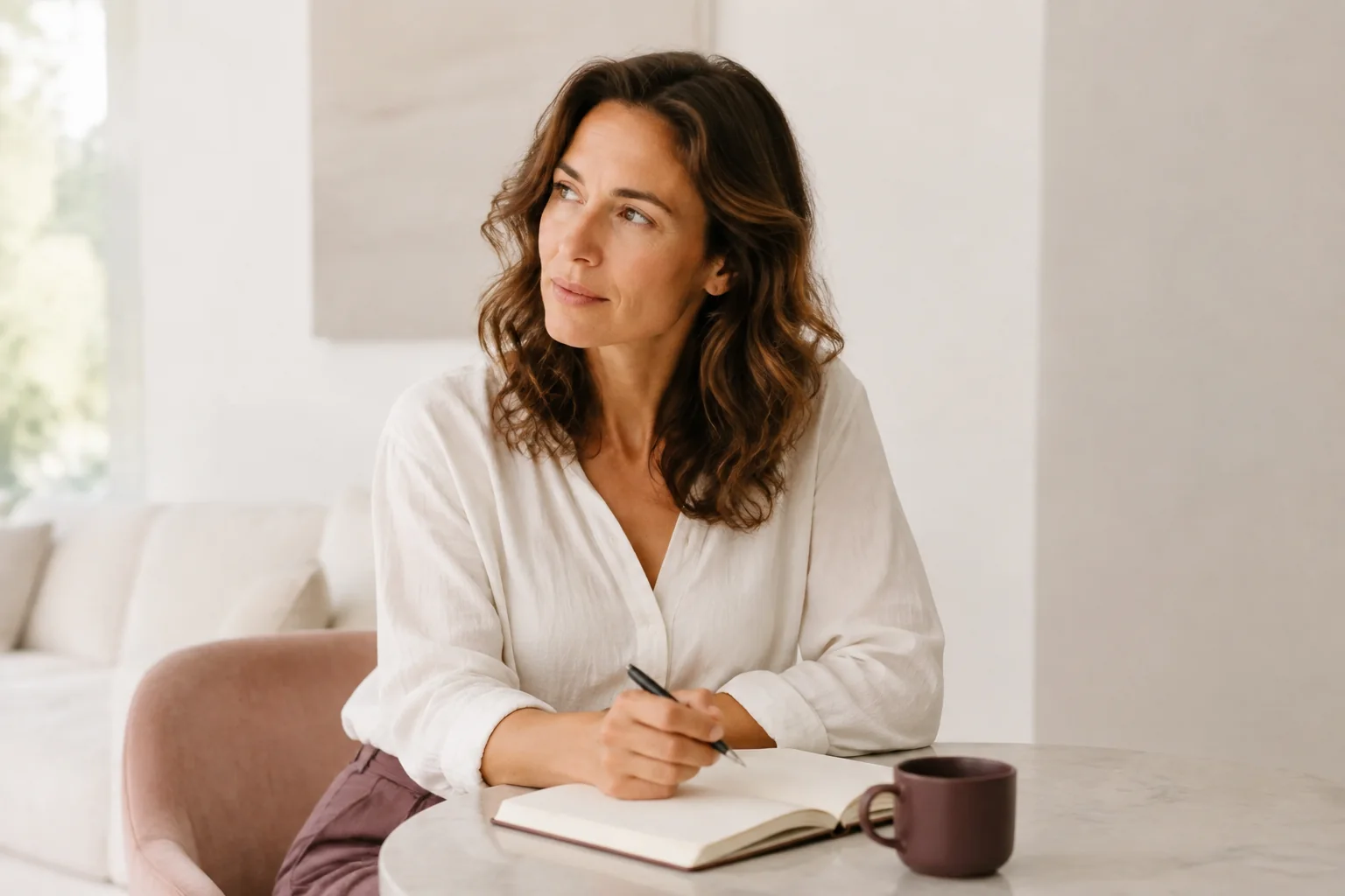 A woman at a small table pauses with a pen above an open notebook.