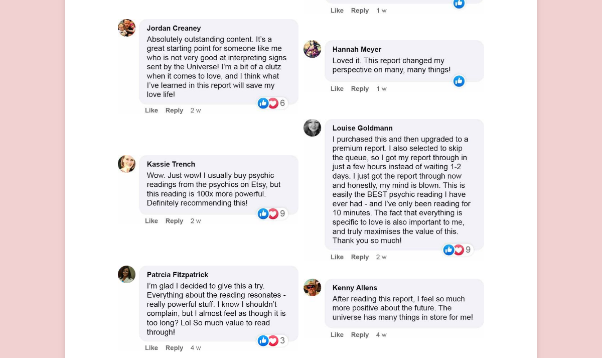 Testimonials displayed on the Psychic Love Report page