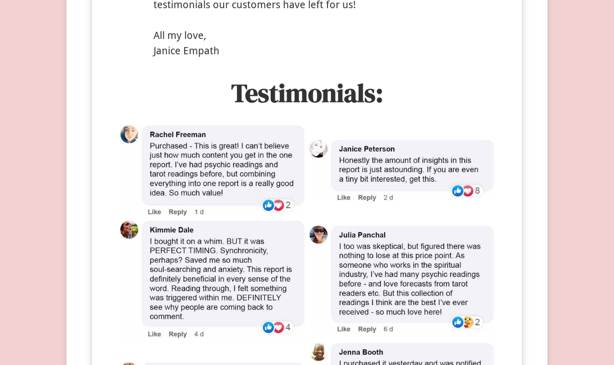 Psychic Love Report seller sign-off and testimonials