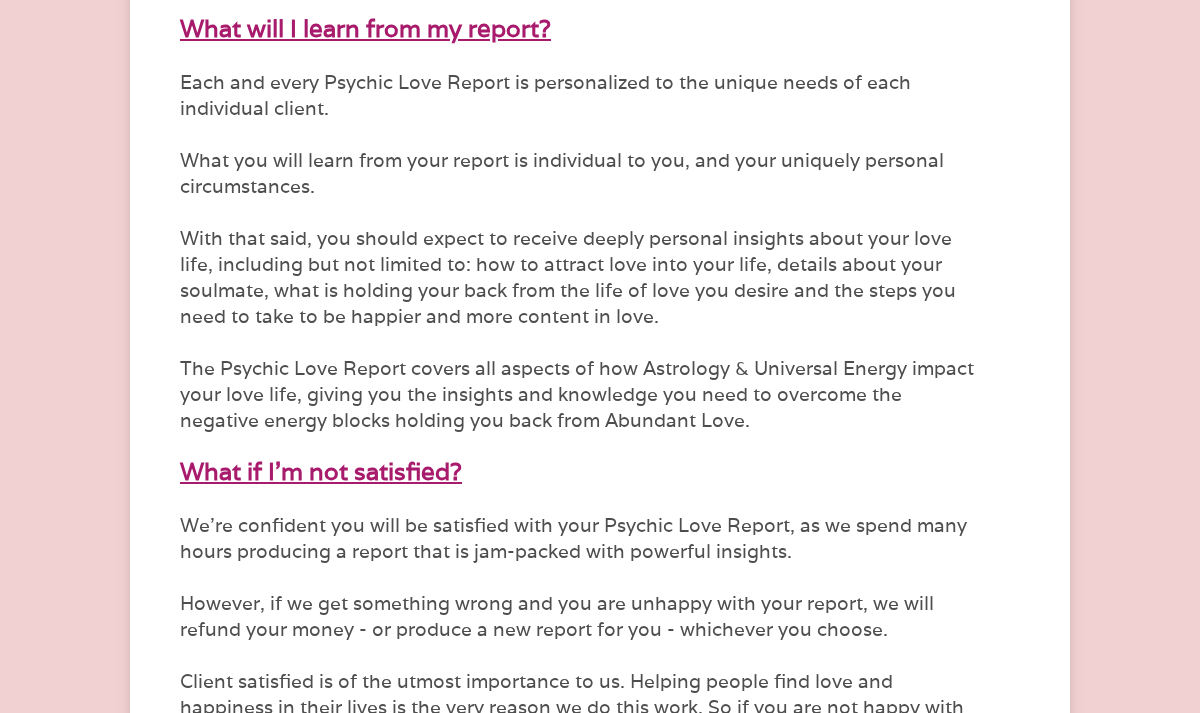 Psychic Love Report public offer page faq