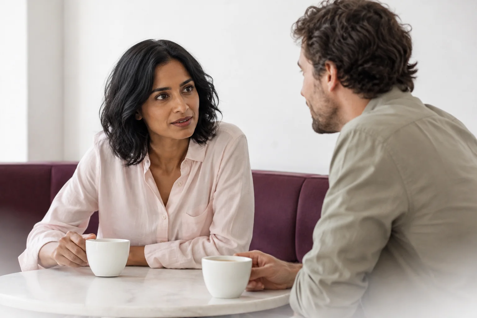 A woman in a blush shirt talking with a man across a small cafe table.